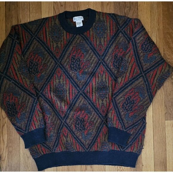 Botto Vintage Mens Wool Blend Sweater Geometric Crew Neck Size Xl - Picture 1 of 6